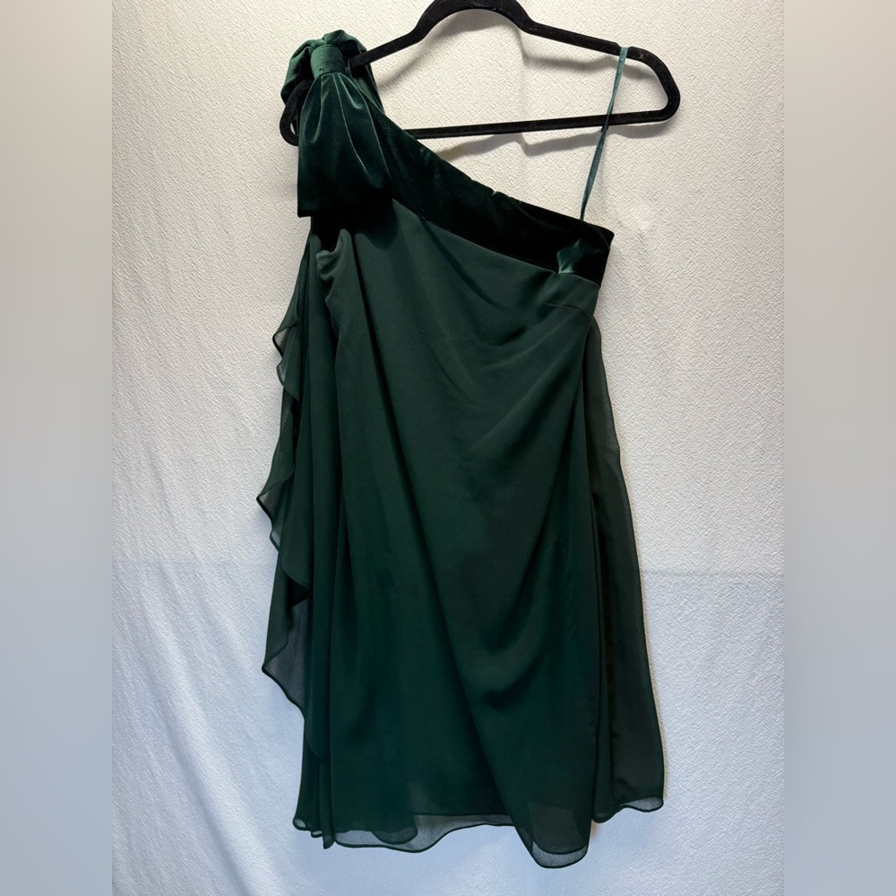 Old Money Elegance Ralph Lauren One-Shoulder Cocktail Dress Chiffon &Grn Velvet